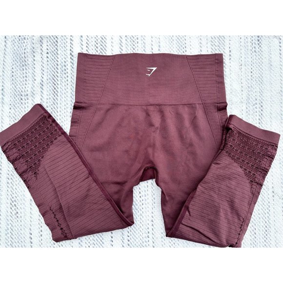Gymshark Pants - Gymshark Leggings Small Red Energy Crop Eyelet detail Laser Cut Maroon Womens
